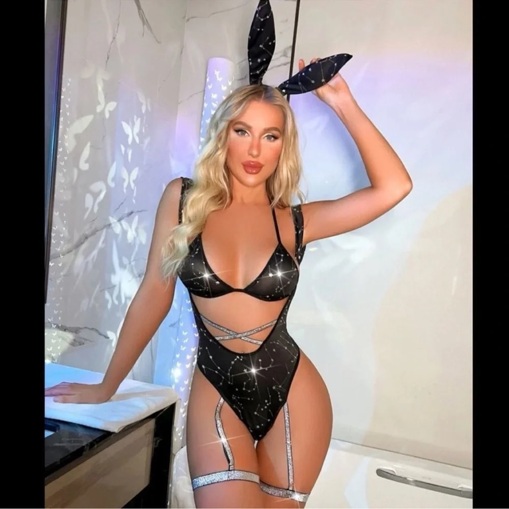 Festival Rave Easter Bunny Black Galaxy Star Bodysuit Outfit